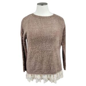 Cecico Taupe Fuzzy Chenille Knit Sweater with Cream Lace Hem NWT Women's Large